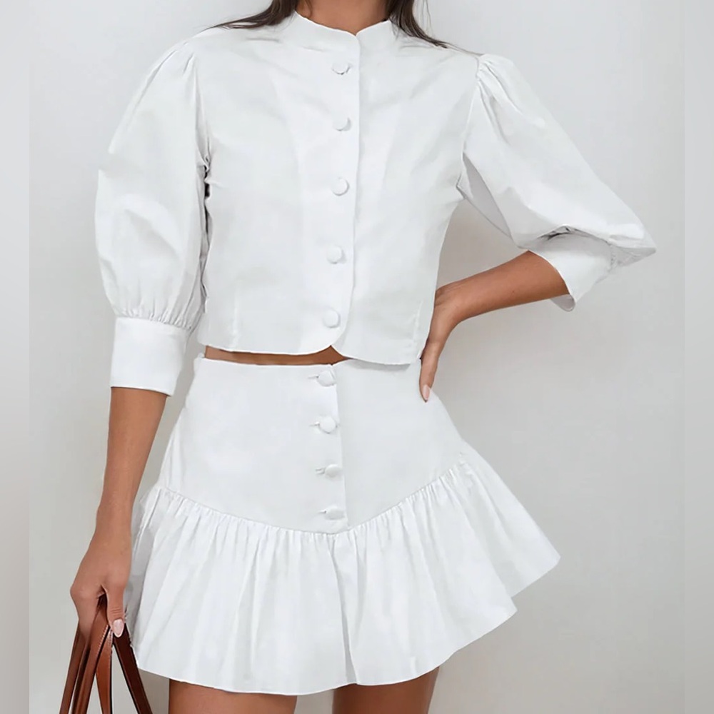 White Button-Up Top and Skirt Set